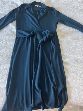 CAbi Teal Wrap-Style Midi Dress with Tie Waist XS